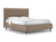 Letto matrimoniale New York con contenitore in tessuto idrorepellente, testata con impunture e piedini alti. Elegante, moderno e salvaspazio.

