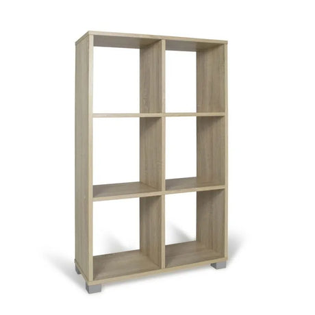 Libreria verticale 6 cubi in legno rovere o bianco, ideale per libri, oggetti e scarpe. Design moderno e compatto, facile da montare.