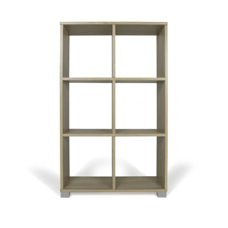 Libreria verticale 6 cubi in legno rovere o bianco, ideale per libri, oggetti e scarpe. Design moderno e compatto, facile da montare.