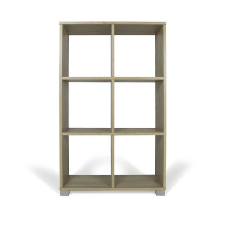 Libreria verticale 6 cubi in legno rovere o bianco, ideale per libri, oggetti e scarpe. Design moderno e compatto, facile da montare.