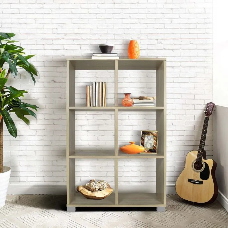 Libreria verticale 6 cubi in legno rovere o bianco, ideale per libri, oggetti e scarpe. Design moderno e compatto, facile da montare.

