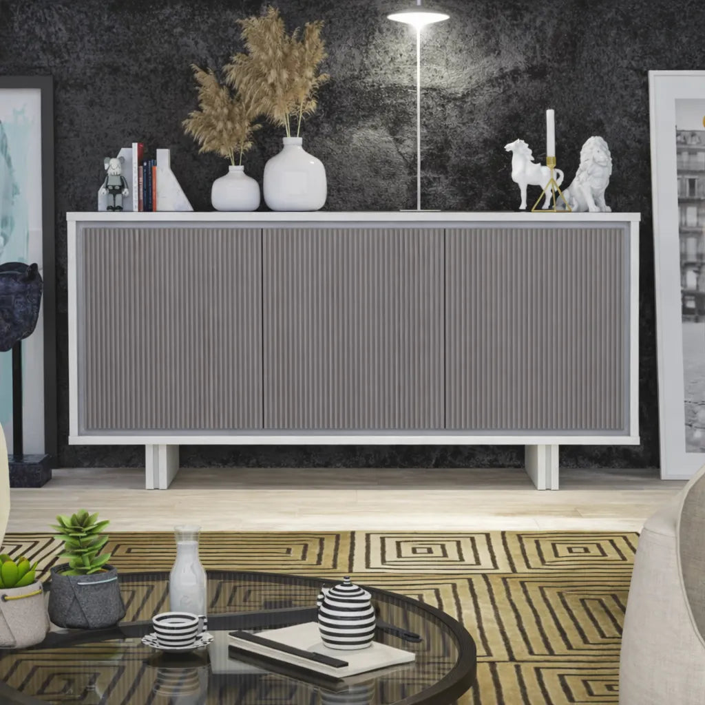 Madia moderna 3 ante cannettate colore visone con struttura bianco frassinato o fango
