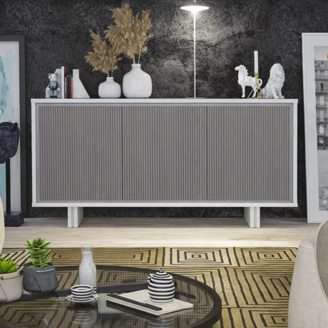 Madia moderna 3 ante cannettate colore visone con struttura bianco frassinato o fango