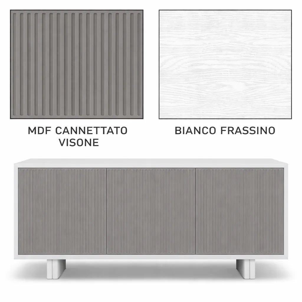Madia moderna 3 ante cannettate colore visone con struttura bianco frassinato o fango