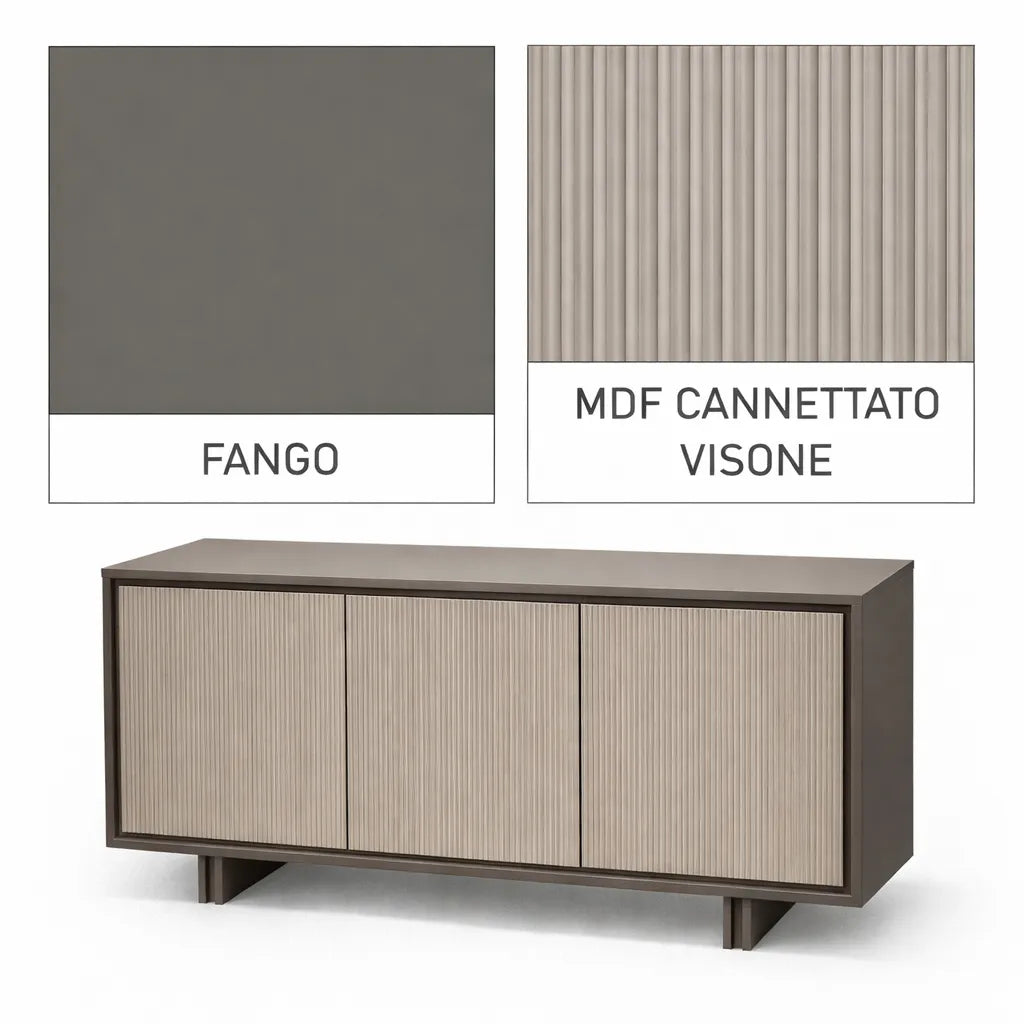 Madia moderna 3 ante cannettate colore visone con struttura bianco frassinato o fango