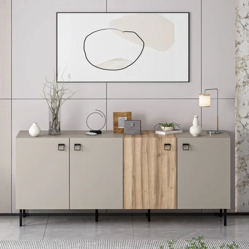 Madia moderna 4 ante color cashmere e rovere con piedini e maniglie nere