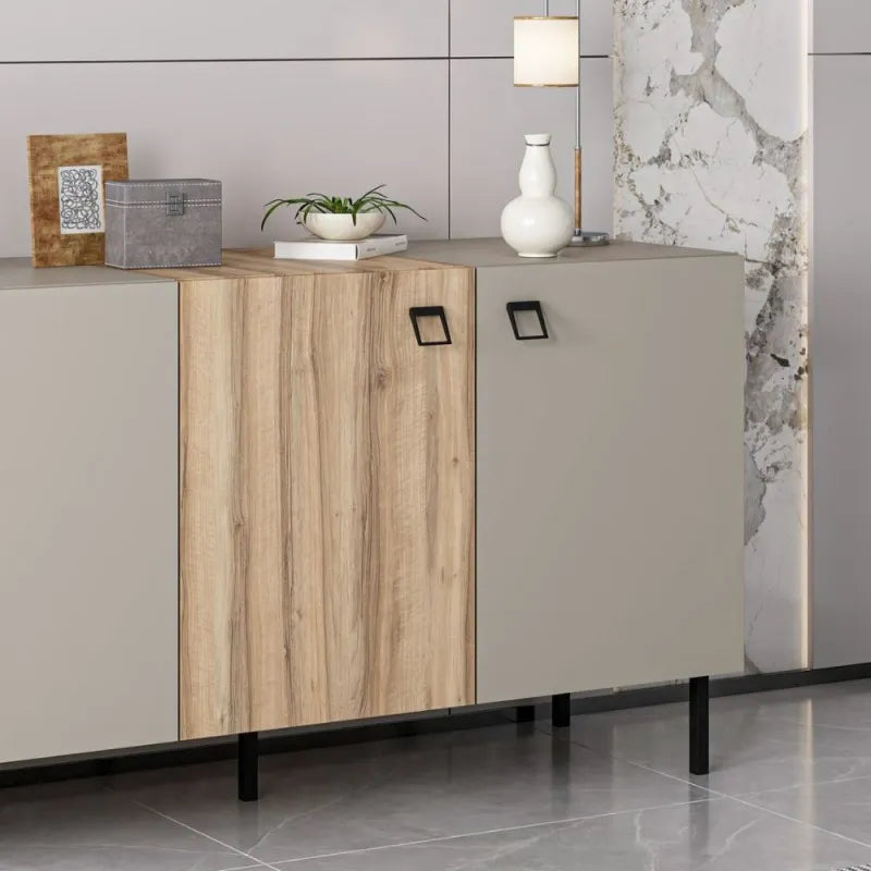 Madia moderna 4 ante color cashmere e rovere con piedini e maniglie nere