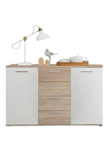 Madia Jacky con 2 ante e 3 cassetti in rovere sonoma e bianco. Mobile moderno e funzionale per soggiorno, ingresso o sala da pranzo.

