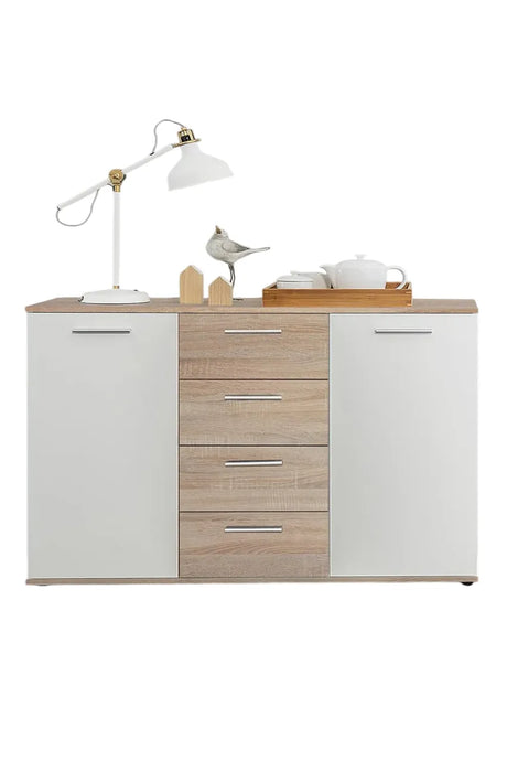 Madia Jacky con 2 ante e 3 cassetti in rovere sonoma e bianco. Mobile moderno e funzionale per soggiorno, ingresso o sala da pranzo.

