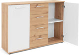 Madia Jacky con 2 ante e 3 cassetti in rovere sonoma e bianco. Mobile moderno e funzionale per soggiorno, ingresso o sala da pranzo.

