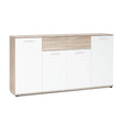 Madia moderna Jacky3 con 4 ante e 2 cassetti in bianco e rovere, ideale per soggiorno, ingresso, camera o ufficio. Mobile contenitore multiuso 160 cm.