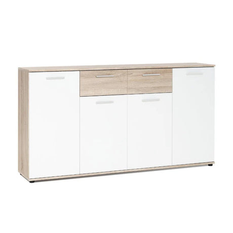 Madia moderna Jacky3 con 4 ante e 2 cassetti in bianco e rovere, ideale per soggiorno, ingresso, camera o ufficio. Mobile contenitore multiuso 160 cm.