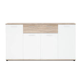 Madia moderna Jacky3 con 4 ante e 2 cassetti in bianco e rovere, ideale per soggiorno, ingresso, camera o ufficio. Mobile contenitore multiuso 160 cm.

