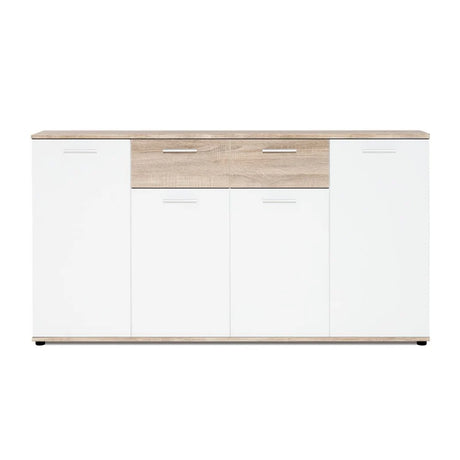 Madia moderna Jacky3 con 4 ante e 2 cassetti in bianco e rovere, ideale per soggiorno, ingresso, camera o ufficio. Mobile contenitore multiuso 160 cm.

