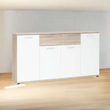 Madia moderna Jacky3 con 4 ante e 2 cassetti in bianco e rovere, ideale per soggiorno, ingresso, camera o ufficio. Mobile contenitore multiuso 160 cm.

