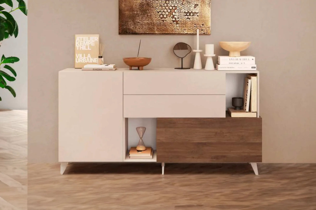 Madia Sara in finitura cachemire e mercure con vani aperti e ante.