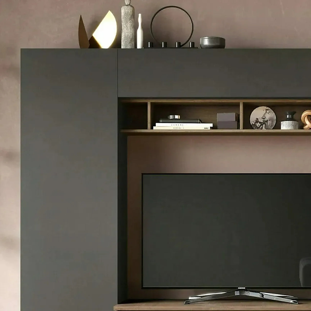 Parete attrezzata federica in finitura Lava e Mercure con vano porta TV.