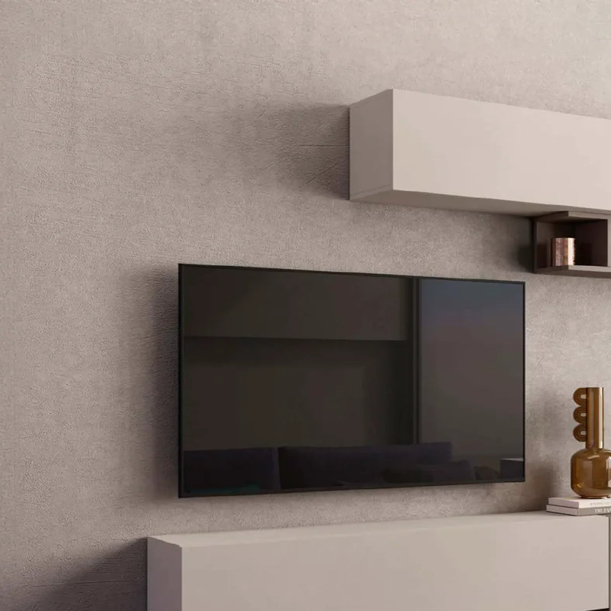 Parete attrezzata Lea finitura bronzo e cachemire con pensili e base porta TV.