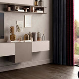 Parete attrezzata Lea finitura bronzo e cachemire con pensili e base porta TV.