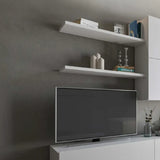 Parete attrezzata Morena finitura bianco frassino con base porta TV, pensili e mensole.