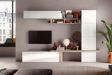 Parete attrezzata Nora finitura bianco lucido e Kadiz con base porta TV e pensili.