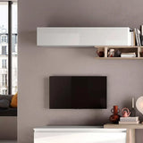 Parete attrezzata Nora finitura bianco lucido e Kadiz con base porta TV e pensili.