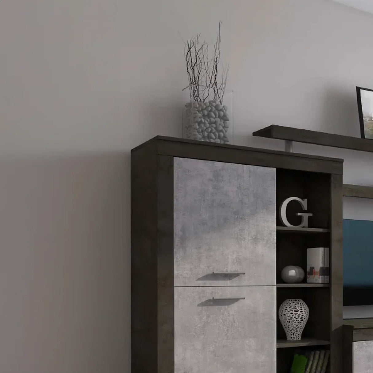 Parete attrezzata Veronica finitura ossido e cemento con base porta TV, pensili e colonna laterale