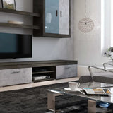 Parete attrezzata Veronica finitura ossido e cemento con base porta TV, pensili e colonna laterale