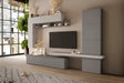 Parete attrezzata Zoe finitura grigio ardesia e gesso con base porta TV e pensili.