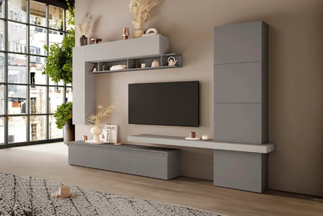 Parete attrezzata Zoe finitura grigio ardesia e gesso con base porta TV e pensili.