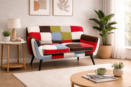 Divano Patchwork 3 Posti in Tessuto con Cuscini Sfoderabili – Stile Vintage Boho e Design Creativo per il Soggiorno