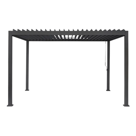 Pergola bioclimatica SKY 3x4 m in metallo grigio con lamelle orientabili e struttura in alluminio, ideale per giardini e terrazze moderne.

