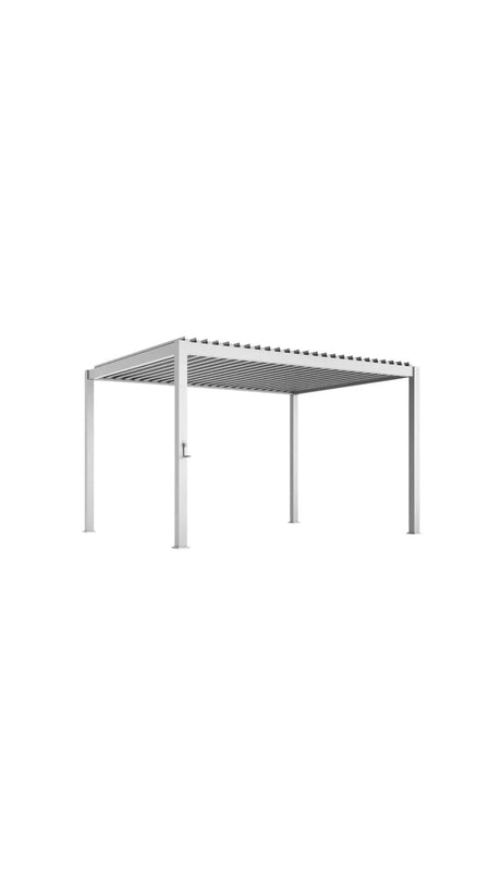 Pergola bioclimatica SKY 3x4 m in metallo grigio con lamelle orientabili e struttura in alluminio, ideale per giardini e terrazze moderne.
