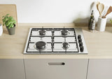 Piano cottura a gas Candy CHW6LBX da incasso, 4 fuochi in acciaio inox con griglie in metallo e valvola di sicurezza, design moderno e compatto.