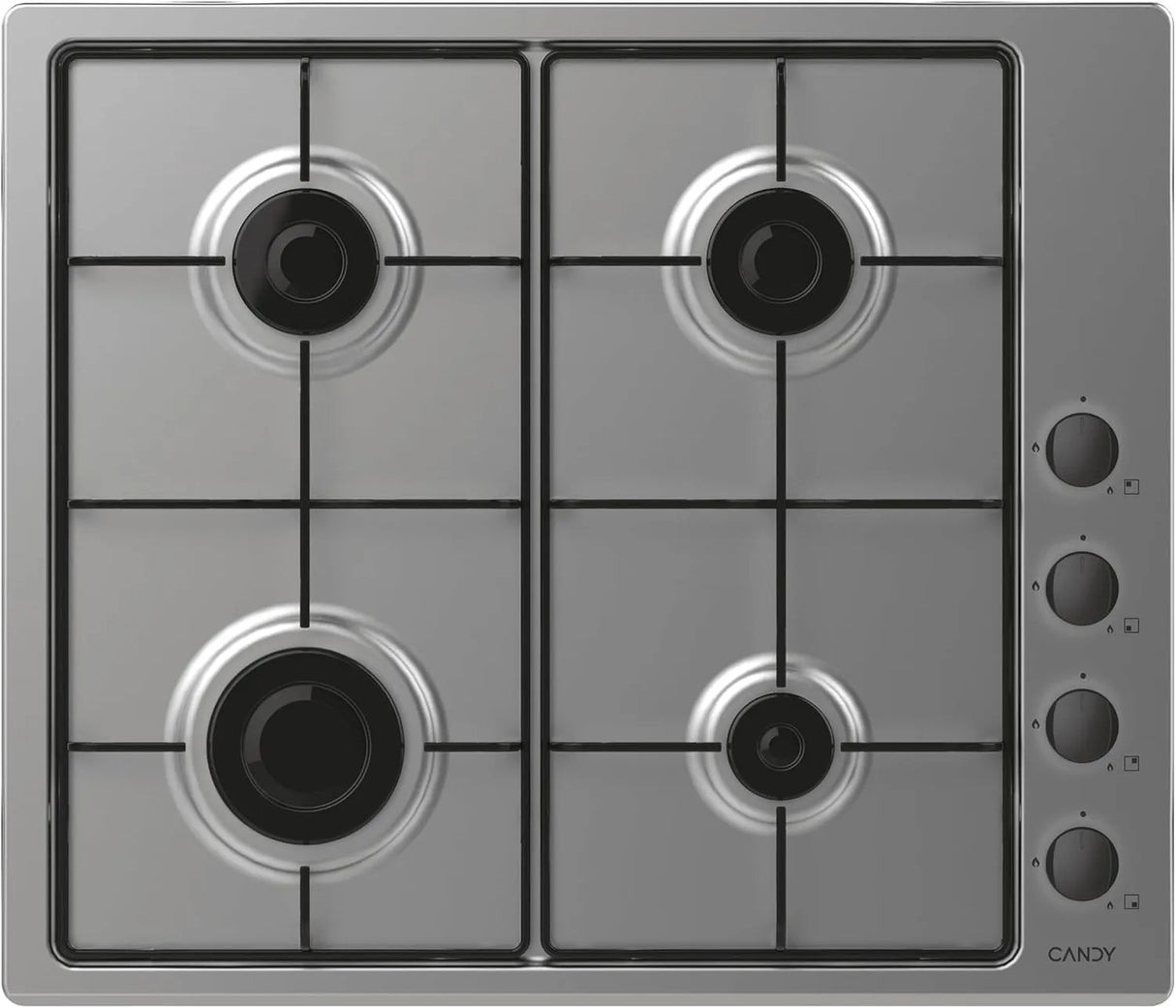 Piano cottura a gas Candy CHW6LBX da incasso, 4 fuochi in acciaio inox con griglie in metallo e valvola di sicurezza, design moderno e compatto.