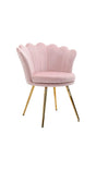 Poltrona con schienale a conchiglia in velluto rosa e piedi oro lunghi, stile vintage elegante per salotto e camera.