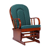Poltrona a dondolo in legno con cuscino verde, perfetta per allattamento, relax o anziani.
