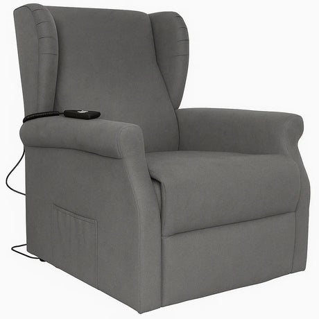Poltrona reclinabile elettrica alzapersona in tessuto, disponibile nei colori grigio e tortora, con telecomando e meccanismo relax motorizzato.