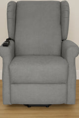 Poltrona reclinabile elettrica alzapersona in tessuto, disponibile nei colori grigio e tortora, con telecomando e meccanismo relax motorizzato.