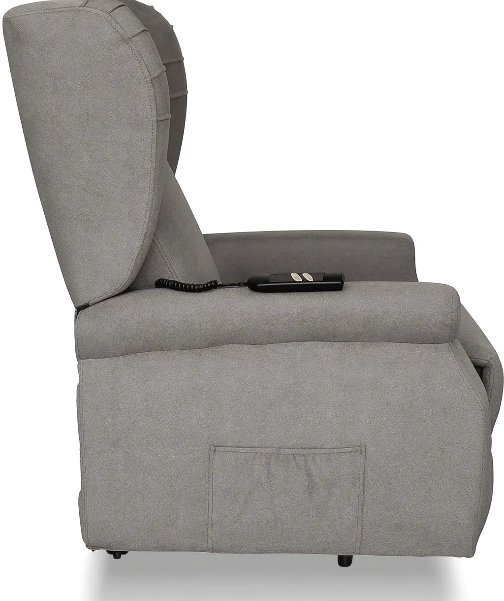 Poltrona reclinabile elettrica alzapersona in tessuto, disponibile nei colori grigio e tortora, con telecomando e meccanismo relax motorizzato.