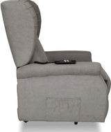 Poltrona reclinabile elettrica alzapersona in tessuto, disponibile nei colori grigio e tortora, con telecomando e meccanismo relax motorizzato.