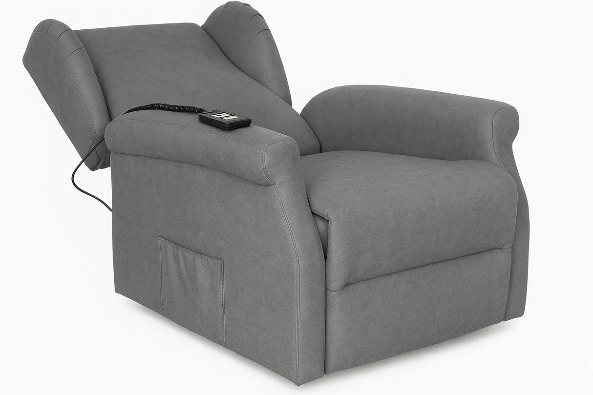 Poltrona reclinabile elettrica alzapersona in tessuto, disponibile nei colori grigio e tortora, con telecomando e meccanismo relax motorizzato.