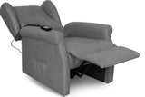 Poltrona reclinabile elettrica alzapersona in tessuto, disponibile nei colori grigio e tortora, con telecomando e meccanismo relax motorizzato.