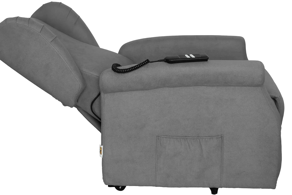 Poltrona reclinabile elettrica alzapersona in tessuto, disponibile nei colori grigio e tortora, con telecomando e meccanismo relax motorizzato.