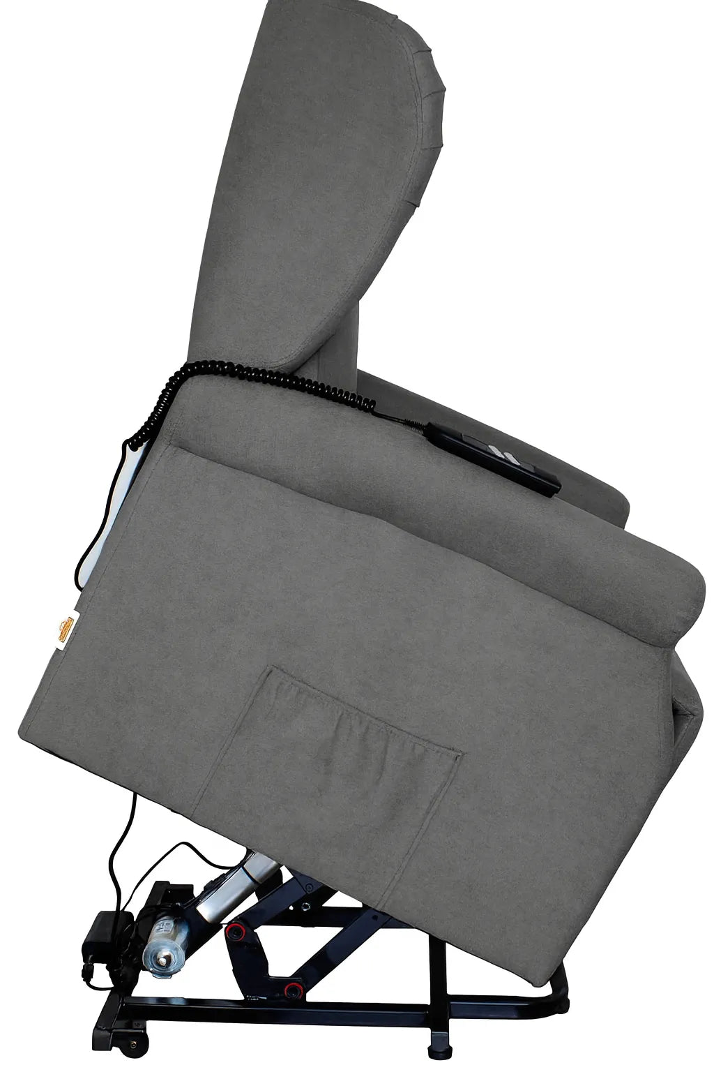 Poltrona reclinabile elettrica alzapersona in tessuto, disponibile nei colori grigio e tortora, con telecomando e meccanismo relax motorizzato.