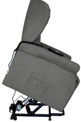Poltrona reclinabile elettrica alzapersona in tessuto, disponibile nei colori grigio e tortora, con telecomando e meccanismo relax motorizzato.