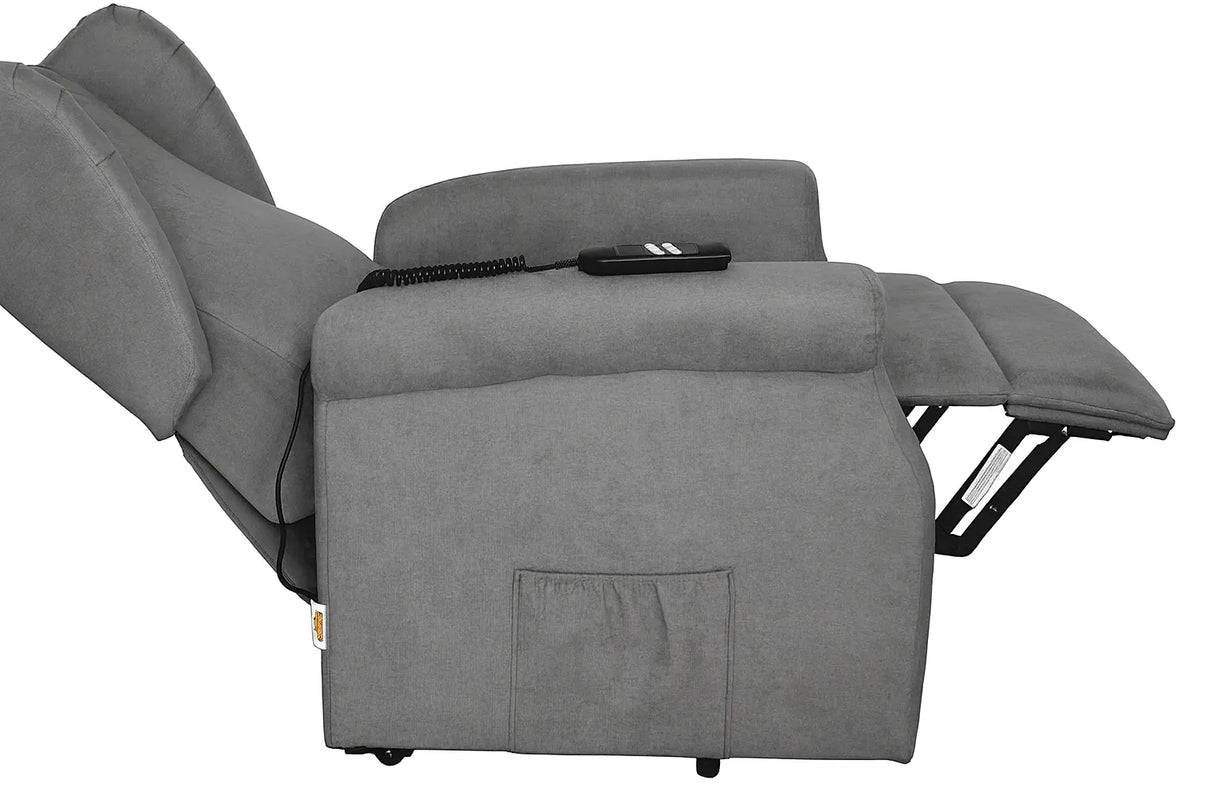 Poltrona reclinabile elettrica alzapersona in tessuto, disponibile nei colori grigio e tortora, con telecomando e meccanismo relax motorizzato.