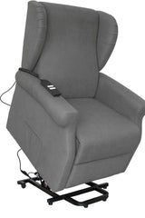 Poltrona reclinabile elettrica alzapersona in tessuto, disponibile nei colori grigio e tortora, con telecomando e meccanismo relax motorizzato.