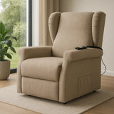 Poltrona reclinabile elettrica alzapersona in tessuto, disponibile nei colori grigio e tortora, con telecomando e meccanismo relax motorizzato.