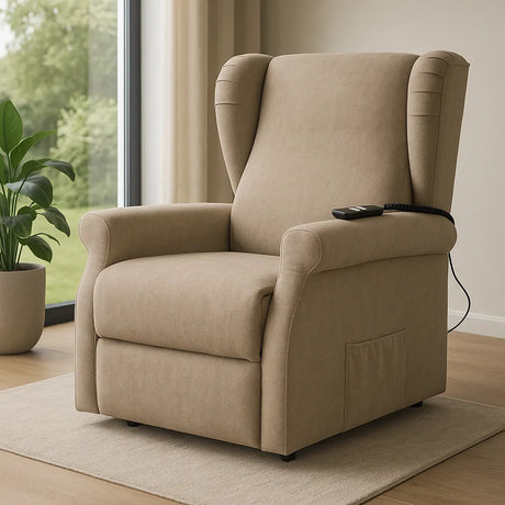 Poltrona reclinabile elettrica alzapersona in tessuto, disponibile nei colori grigio e tortora, con telecomando e meccanismo relax motorizzato.